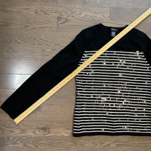 Lord & Taylor Cashmere Sweater, Black w/ white stripes, sequins, size M - Picture 6 of 9